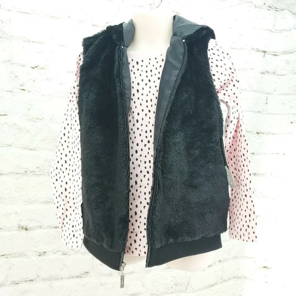 Limited Too Girls Two Piece Black Pale Pink Shirt With Faux Fur Hooded Vest Sz 6